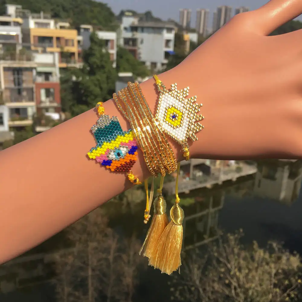 boho MIYUKI браслет Турецкий Дурной глаз Шарм браслет Хамса Красочные руки Pulsera золото желтый ювелирные изделия кисточкой для женщин - Окраска металла: set