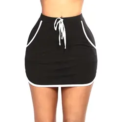 Женская летняя юбка в полоску с эластичной резинкой на талии, Корейская Полиэстеровая хлопковая повседневная черная однотонная тонкая
