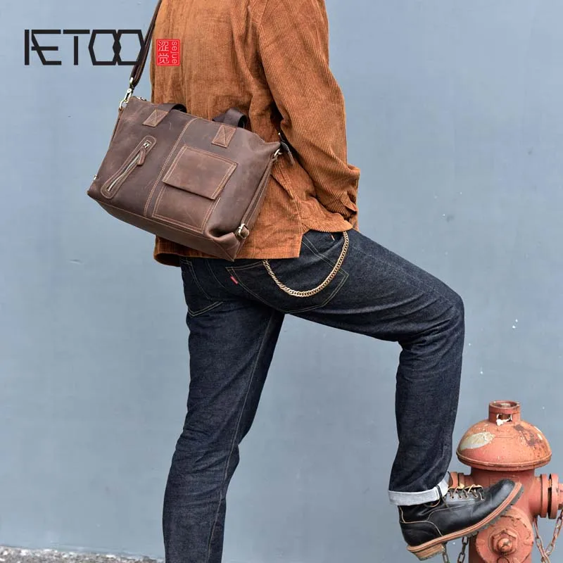 

AETOO new leather handbag leather casual crazy horse leather shoulder Messenger bag cross section vintage handbag men