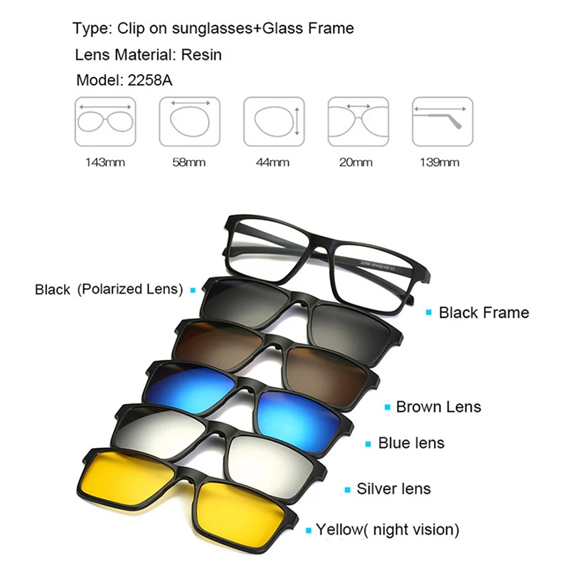 Классические оптические очки, оправа для мужчин и женщин, близорукость, с 5 клипсами, солнцезащитные очки, поляризационные Магнитные очки для мужчин, очки - Цвет линз: D2258A