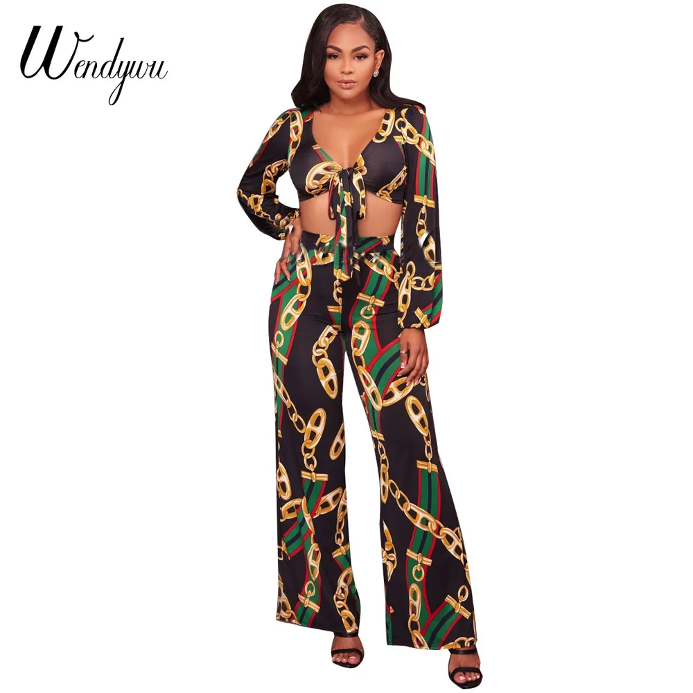 

Wendywu New Sexy V-Neck Lace Up Long Sleeve Top Wide Leg Long Pants Chain Printed Women Set