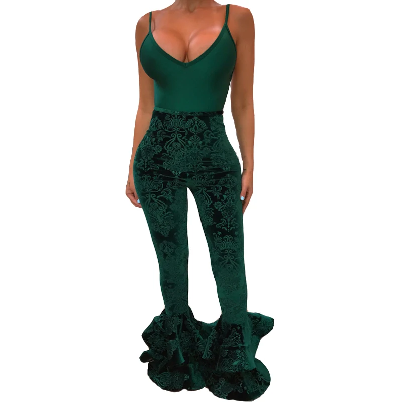 

KGFIGU Women velvet flared pants 2018 Autumn Winter warm matieral ruffle trousers casual high waist leopard print Bottom