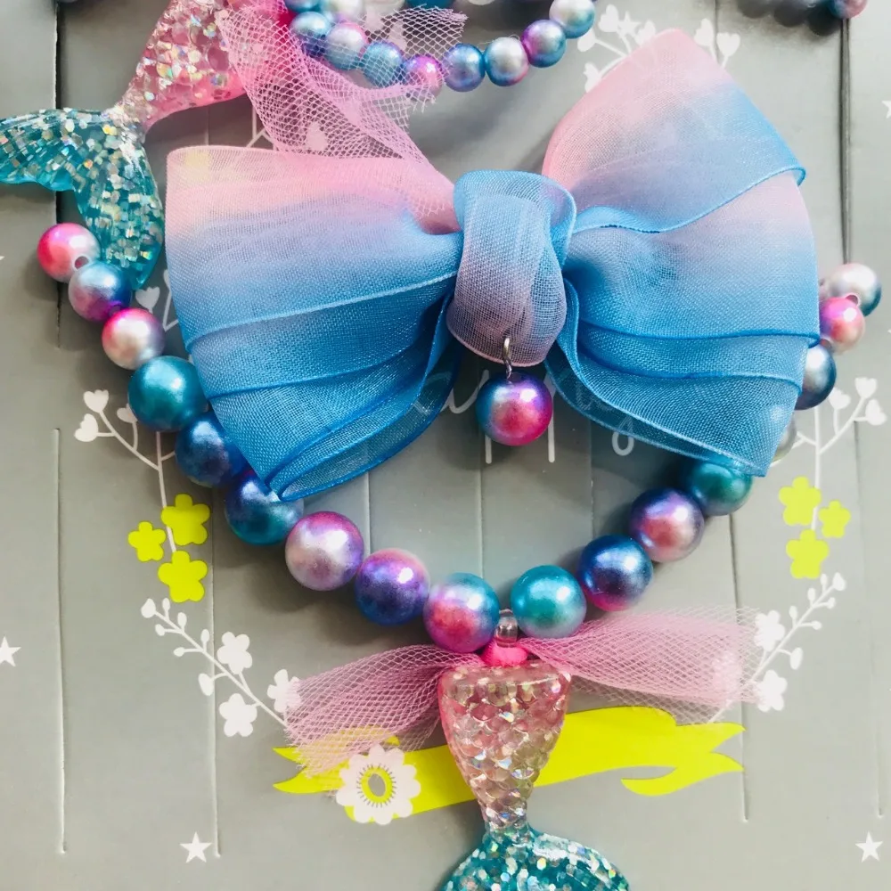 Фиолетовое массивное ожерелье с русалочкой, блестящие шпильки с подвесками для девочек, красочное ожерелье с жевательной резиной и браслет, набор, подарок ручной работы для детей