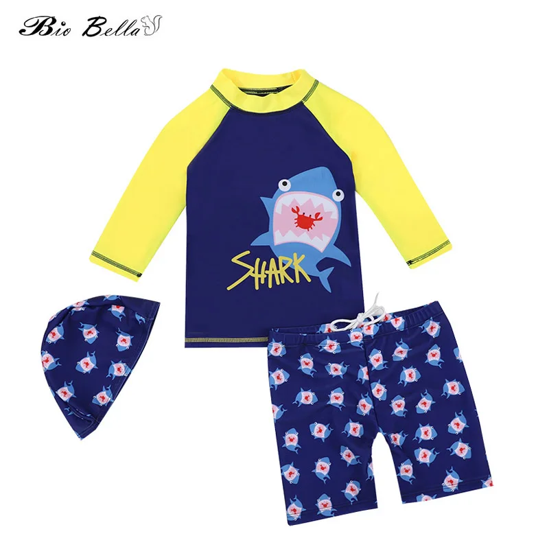 Children Boys Swimming Suit Fashion Cartoon Kids Boy Swimwear Set 3Pcs Tops+Pants+Cap Baby Boys Swimsuit Swimming Bathing Suit