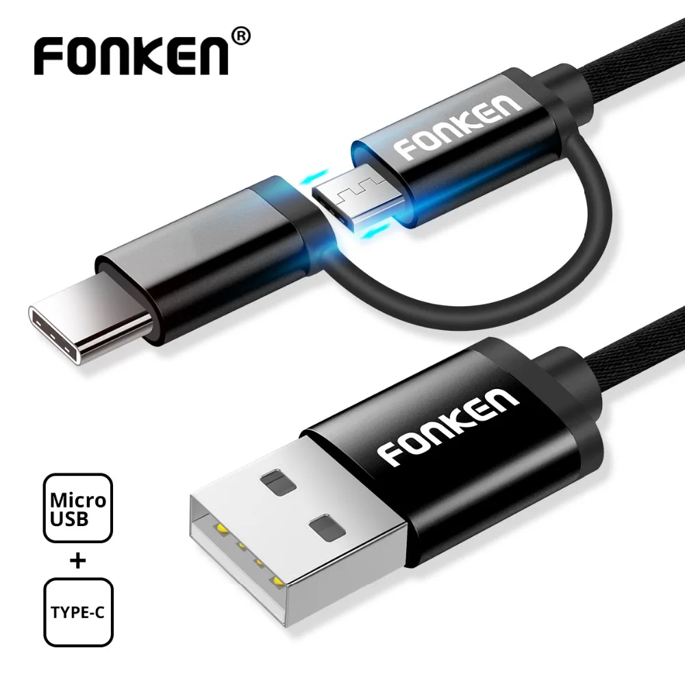 FONKEN 2 в 1 USB кабель Micro usb type C кабель для быстрой зарядки телефона Mini USB C Зарядка 2 адаптера 1 м кабели для мобильных телефонов