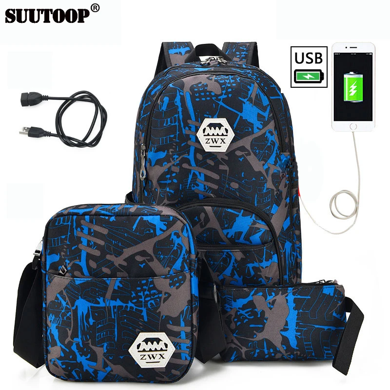 SUUTOOP 2017 Men Nylon USB Charge Backpacks College Female School 3 set Backpack Large Bag Waterproof Women Travel Bag Sac A Dos