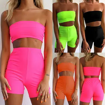 

2PCS/set Fluorescence Sexy Women Sports Sleeveless Strapless Crop Top + High Waist Elastic Shorts Summer Set Outfits