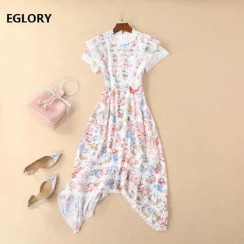 

Top Grade Designer Dresses 2019 Spring Summer Fashion Runway Dress Women Sweet Flower Print Lace Patchwork Asymmetrical Dress