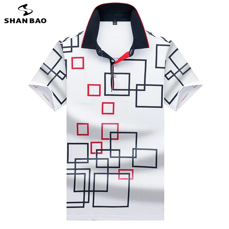 

SHANBAO Brand Creative Plaid Pattern Print Lapel Short Sleeve Polo Shirt 2019 Summer Fashion Men's Casual Polo Shirt white gray