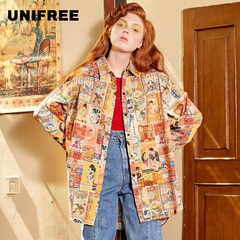 UNIFREE Новинка 2019 осенние женские рубашки коричневого цвета топ тренд с принтом