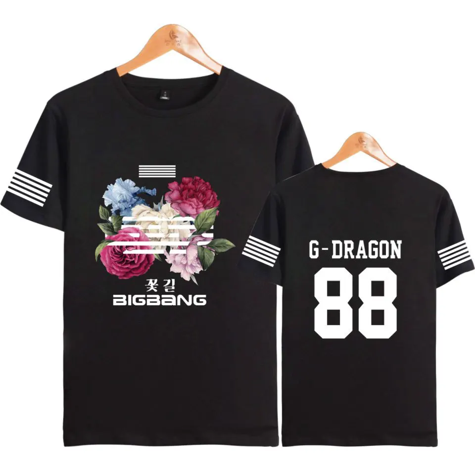 

BIGBANG Kpop Flower Road Hip Hop T-shirts Short Sleeve Cotton T Shirt Summer Clothes G-DRAGON T.O.P SOL V.I D-LITE NAZZ