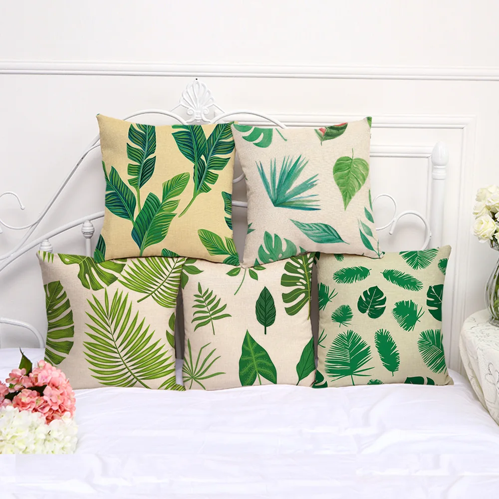 Decorative Pillow Case Green Plant Leaf Pattern Pillowcase 17.5 Inches Cotton Linen Chair Seat
