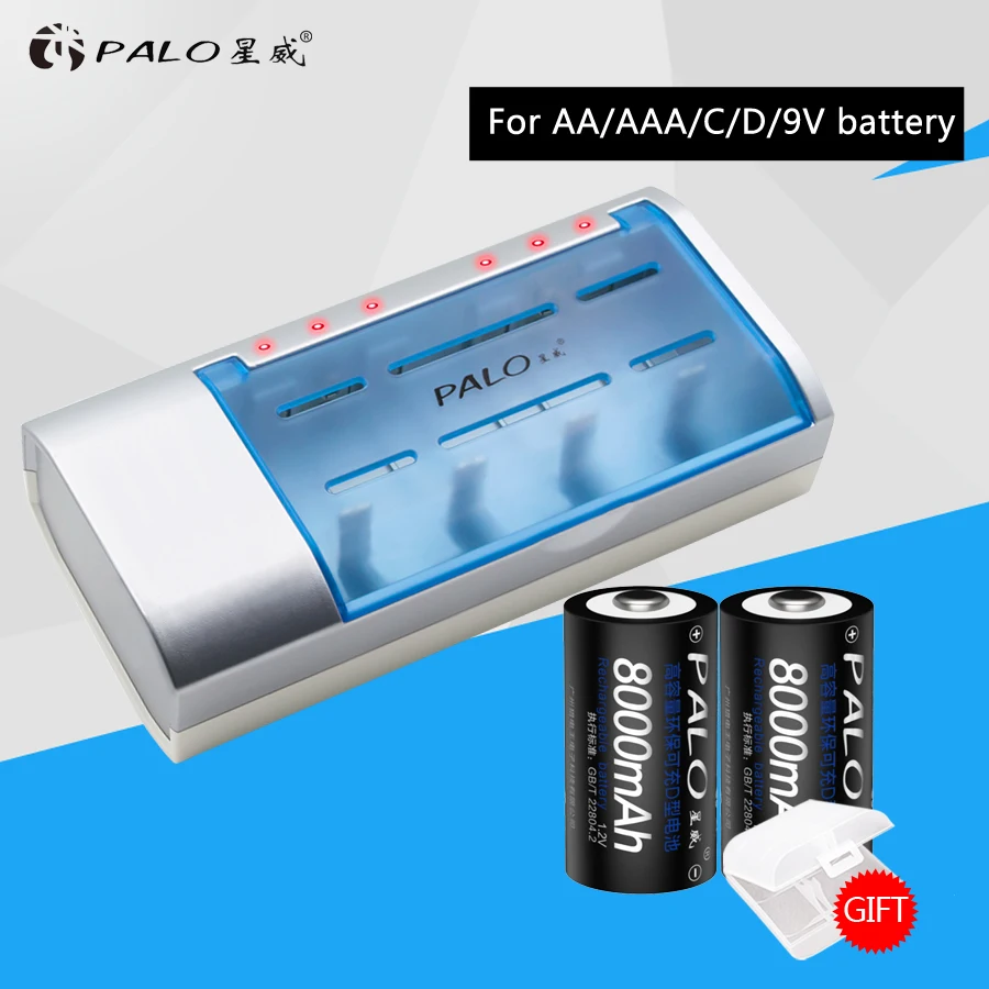 Vente PALO Smart Multi utilisation Batterie Chargeur Pour Nimh Nicd AA AAA C D 9 v rechargeable Batteries + 2 pcs D Taille 8000 mah Batteries