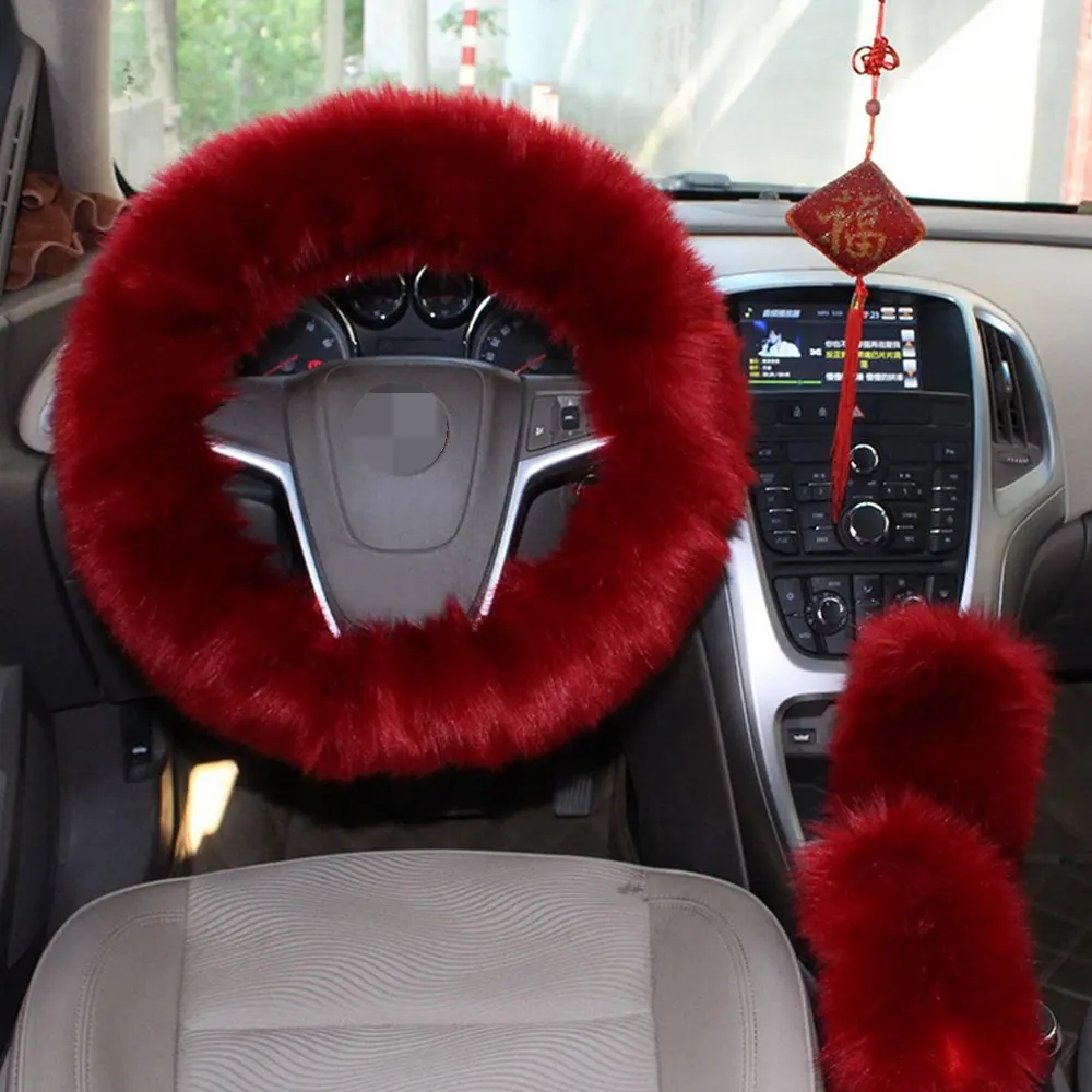 

1 Set 3 Pcs Steering Wheel Cover Faux Wool Hand Brake Set Warm Winter Shift Gear Cover Handbrake Cover