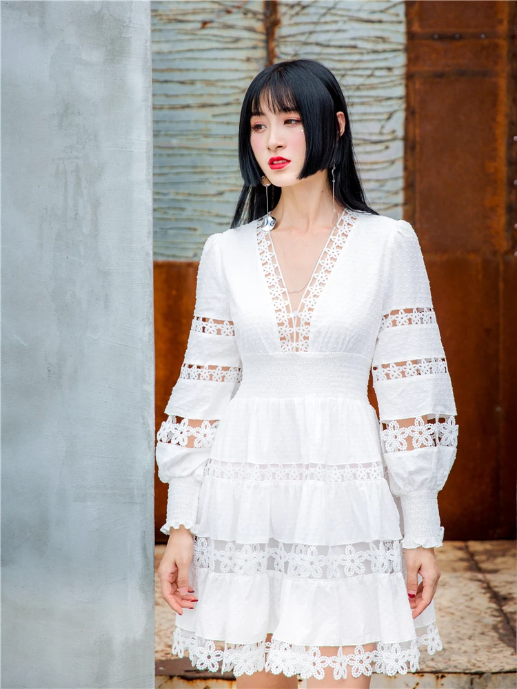 HANZANGL Новое 2019 Белое Кружевное Платье женское v-образный вырез с пышными рукавами цветок полые тонкие волнистые точки стекаются