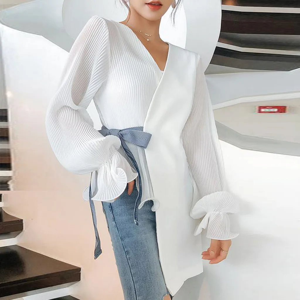 

Petal Sleeve White Blouse Women Autumn Harajuku Loose Casual Shirts Irregular Long Sleeved Tops Roupa Feminina блузка женская