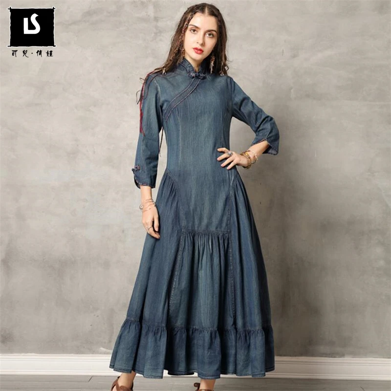 

Size S-3XL New Europe Spring Autumn Women Denim Dress Buttoned Cheongsam Ruffled A-line Dress Vintage Female Jeans Long Dresses