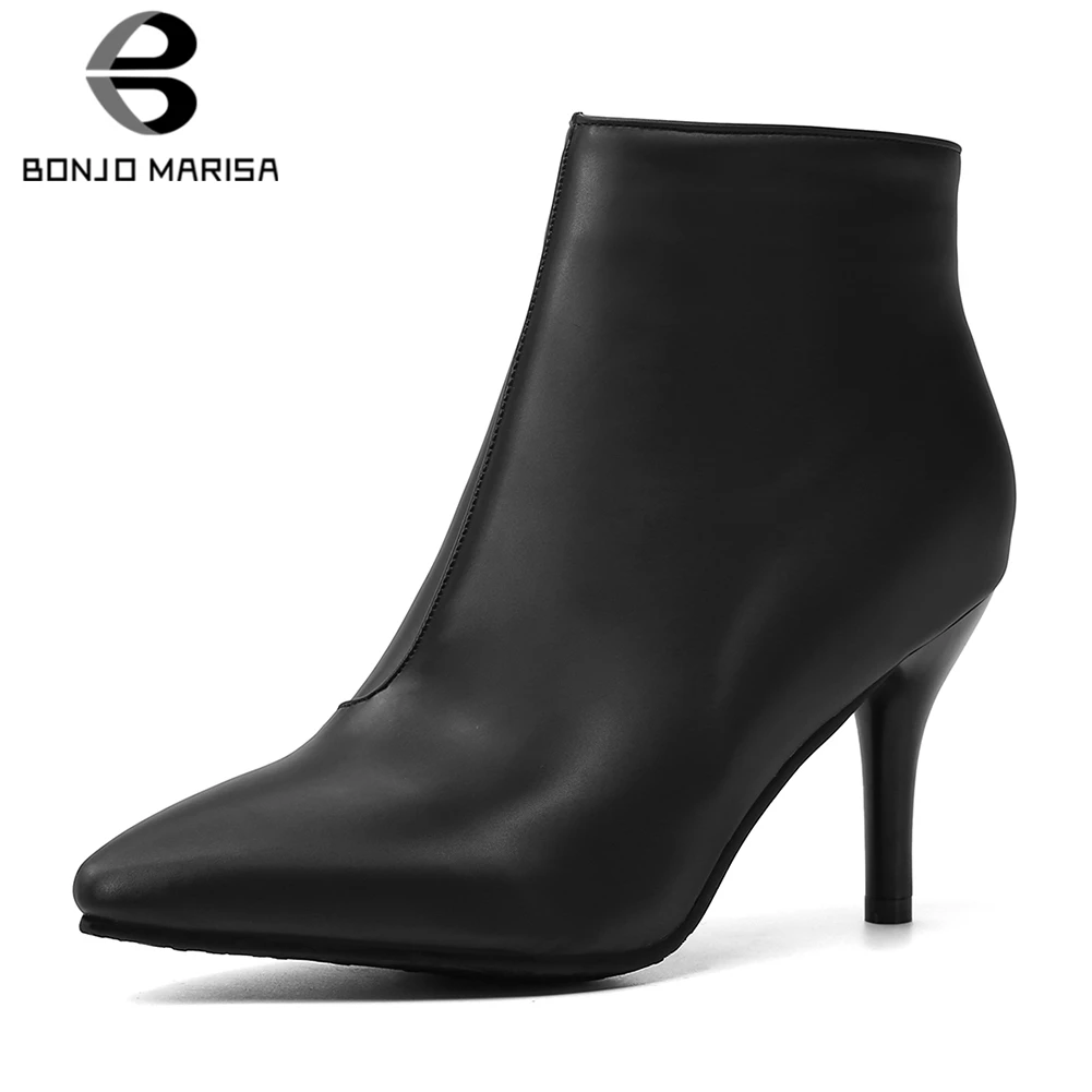 

BONJOMARISA New 30-46 Solid Ankle Boots Women 2019 Winter Office Lady Warm Add Fur Booties Thin High Heels Shoes Woman