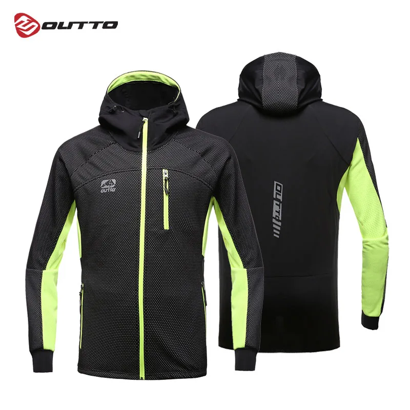 Мужская ветрозащитная велосипедная куртка Outto с капюшоном на молнии, водонепроницаемая ветровка с длинным рукавом, зимнее теплое спортивное пальто для улицы - Цвет: Fluorescent green