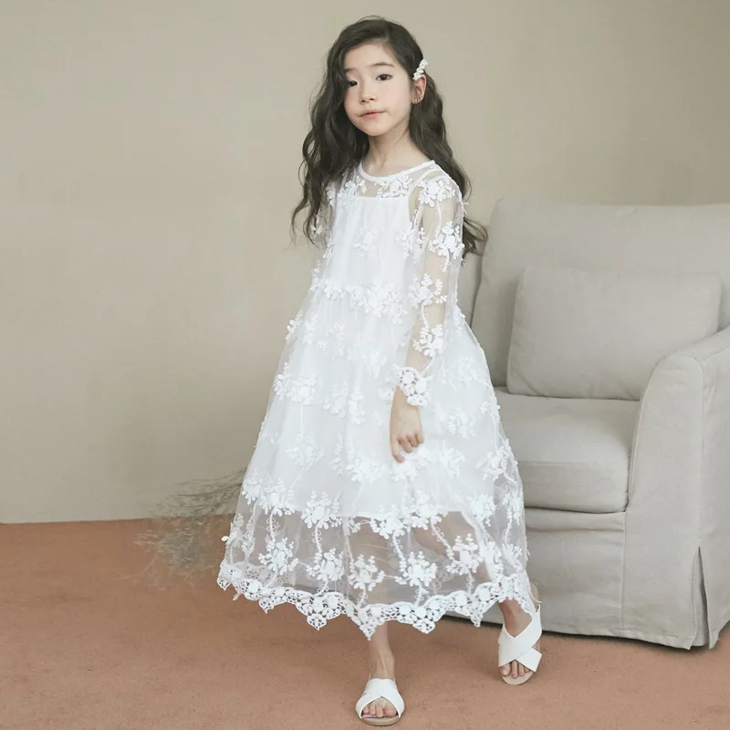

Big girl dresses cute princess lace mesh long sleeve two pieces dress Parent-Child clothes 2019 new summer for 4 -14Y