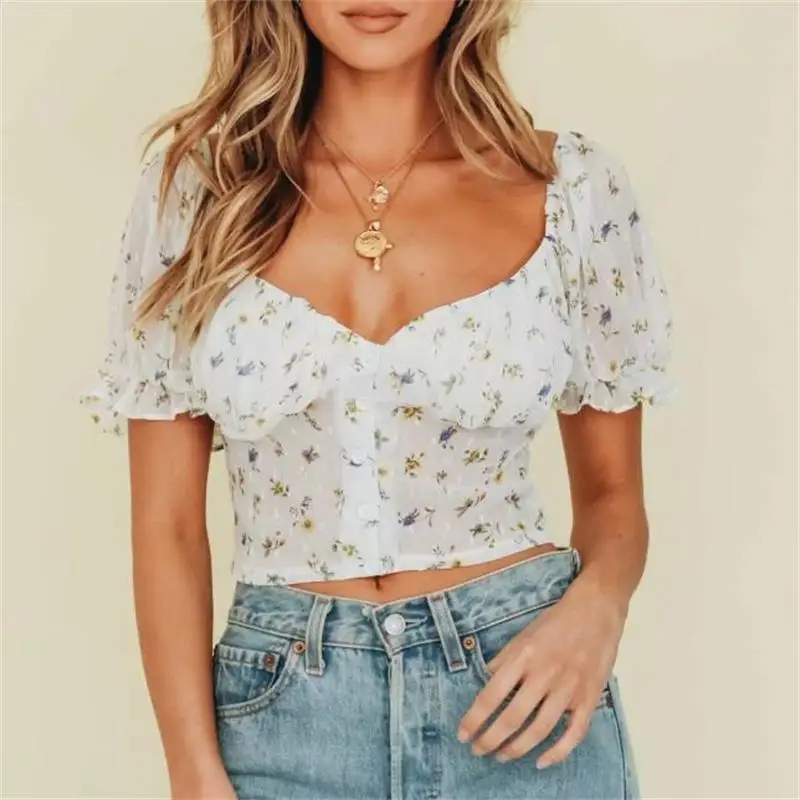 

2019 Fashion Floral Jacquard Print Short Women Blouse Sexy V neck Crop Top Summer Shirt Short sleeve Tops Female blusas M078