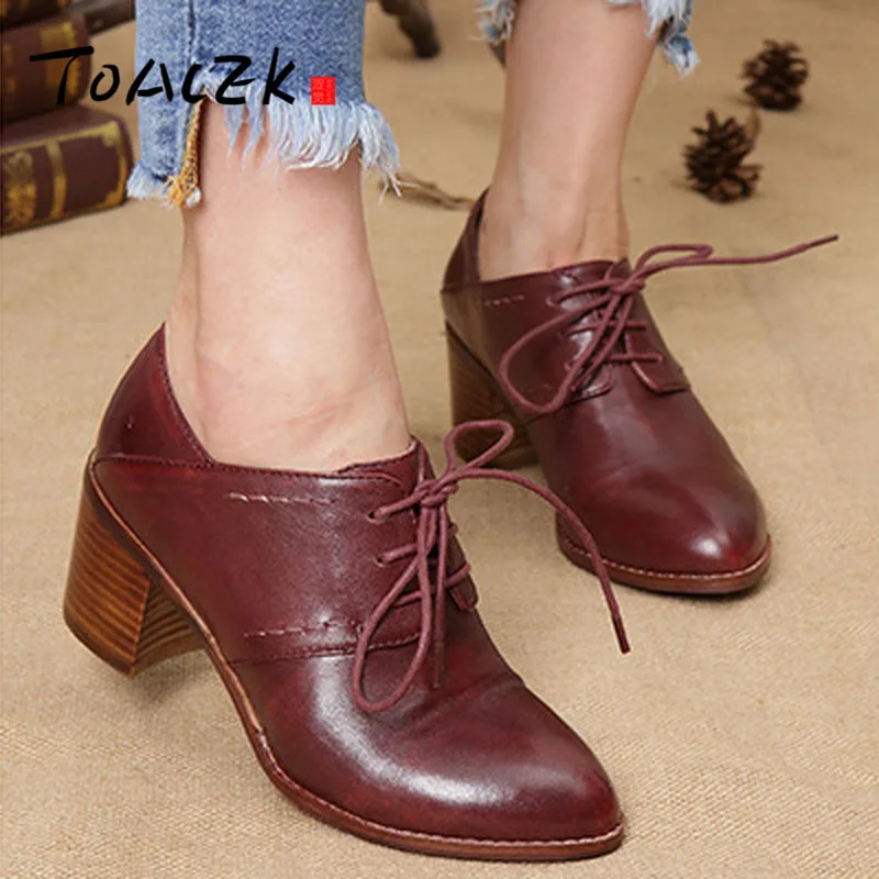 

New women's singles autumn and winter lace with retro casual simple leather thick heel women's shoes