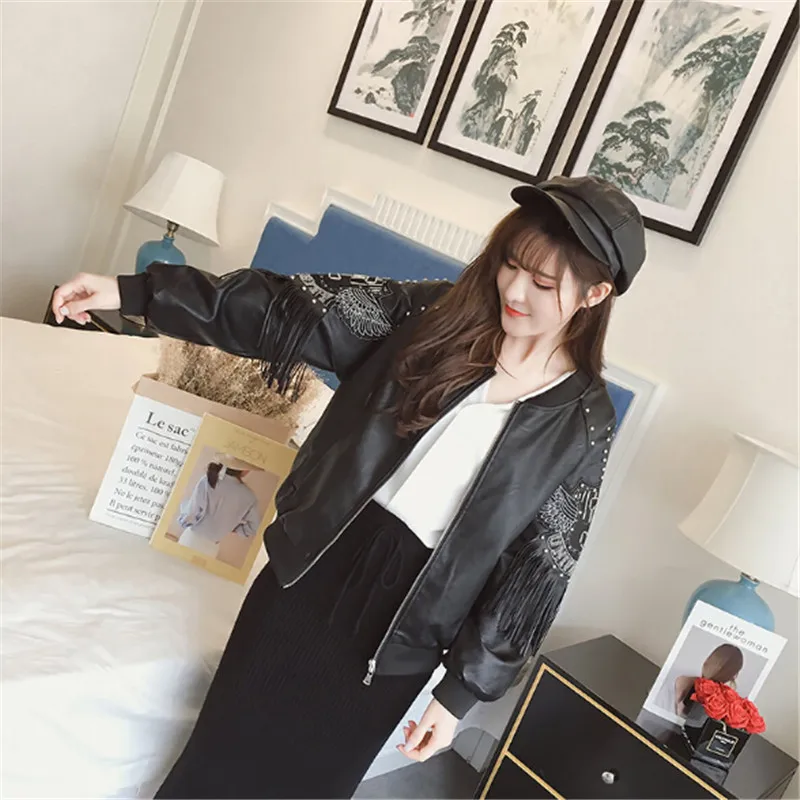 Новая модная кожаная куртка с воротником и бахромой, кожаная женская Корейская осенняя куртка, свободная Женская бейсбольная куртка
