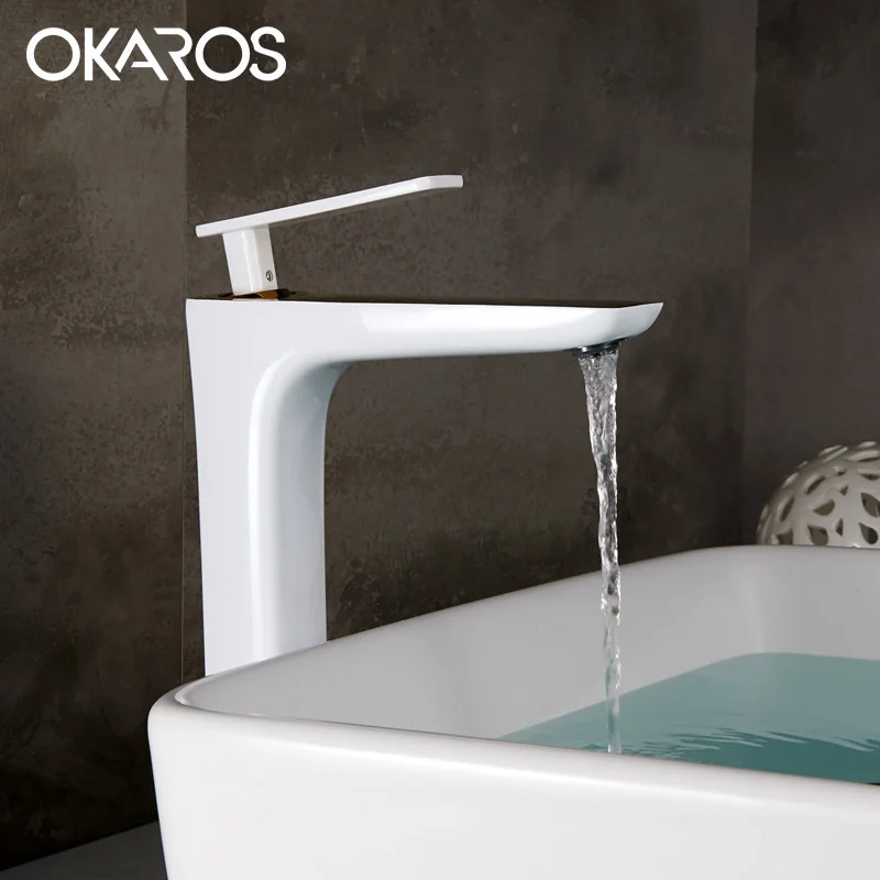 OKAROS ванная комната латунный смеситель хромированный белый кран повышенной белый запеченный с золотой отделкой горячей и холодной воды смеситель