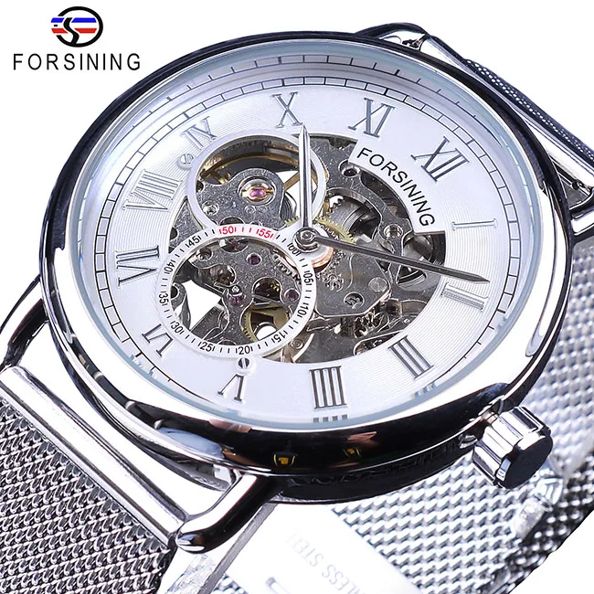 Forsining Мужские механические часы лучший бренд класса люкс классический Золотой сетчатый ремешок белый маленький циферблат водонепроницаемые часы со скелетом мужские - Цвет: GMT1124-3