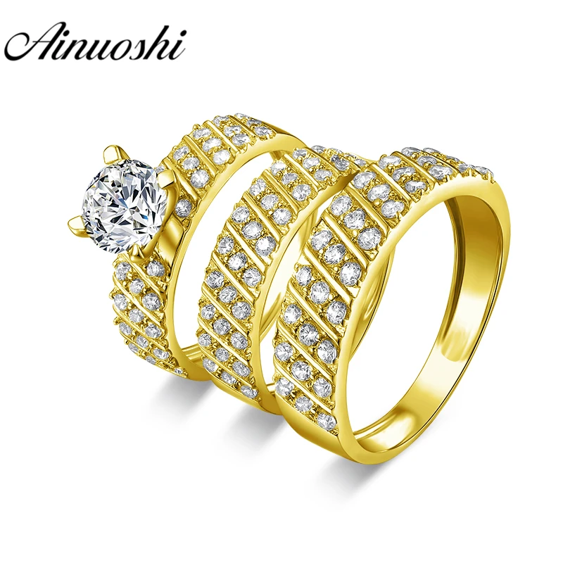 AINUOSHI 8.5g Real Gold TRIO Rings 10k Yellow Gold Couple