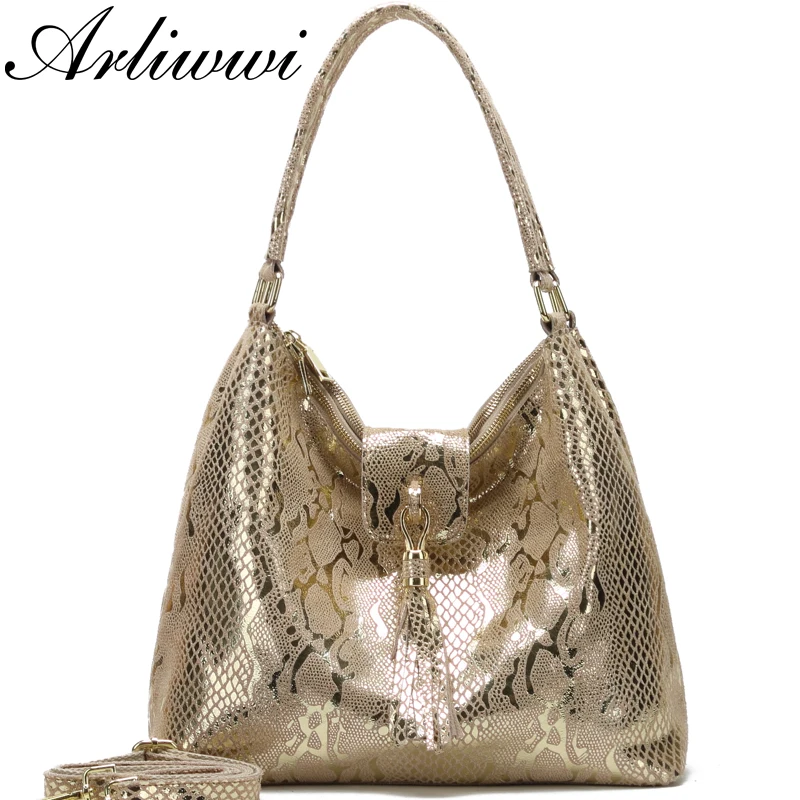 

Arliwwi Brand Female Real Leather Serpentine Pattern Embossed Bags Quality Double Zips Women Genuine Leather Shiny Handbags