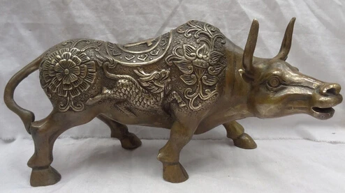

0 13" Folk Chinese Bronze Copper Wealth Flower Dragon Kylin Cai Fu Bull Ox Statue