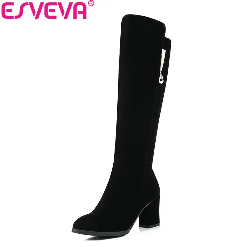 

ESVEVA 2018 Women Boots Out Door Slim Look Knee-high Boots Warm Winter Boots Square High Heel Round Toe Ladies Boots Size 34-40