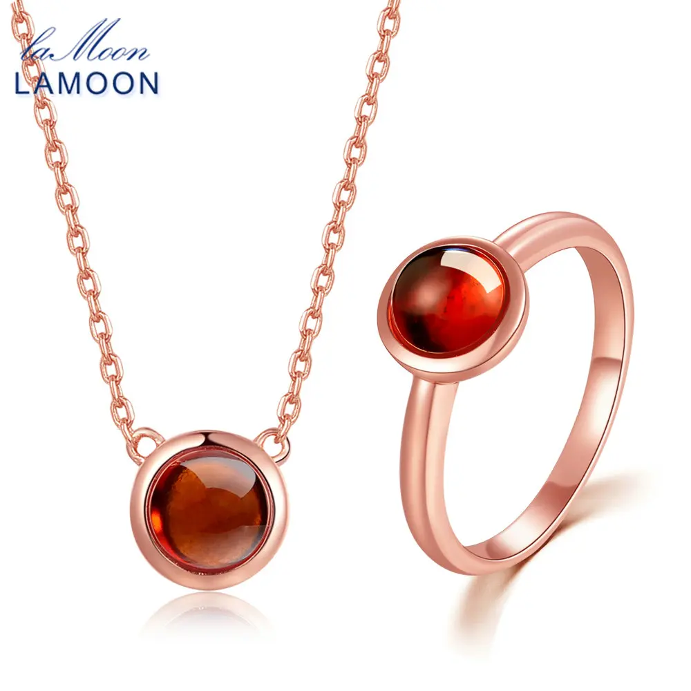 

LAMOON Jewelry Sets 6mm 1.2ct 100% Natural Round Orange Red Rubin Garnet 925 Sterling Silver Fine Jewelry Rings Necklace Anillos