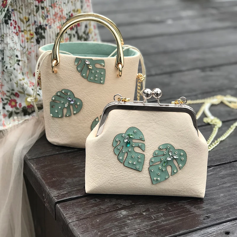 

1632 Turtle Back Leaf Sheepskin Bucket Fashion Gold Bag Hand-held Slant Bag Handmade DIY Material Bag