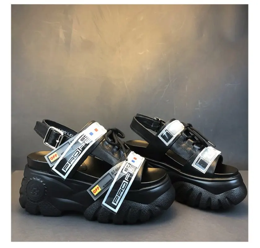 Tanie 2019 letnie grube sandały damskie 8cm buty na koturnie z wysokim obcasem buty kobiece klamry platformy skórzane dorywczo klapki na lato kobieta sandał