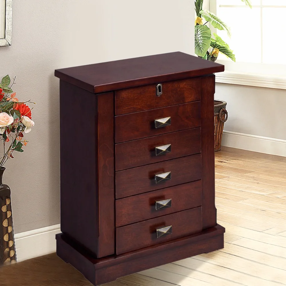 

Goplus Jewelry Armoire Cabinet Box Storage Chest Stand necklaces Organizer Wood Nightstand with 5 Drawers and Top Mirror HB82378