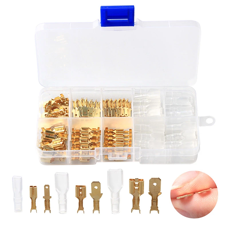 270pcs/ Set Female & Male Spade Crimp Terminal Connector Kits Tinned Brass