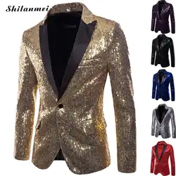 Модные для мужчин блестящие пиджаки для женщин золотые блестки Блестящий костюм куртки мужской ночной клуб одна кнопка костюм Блейзер