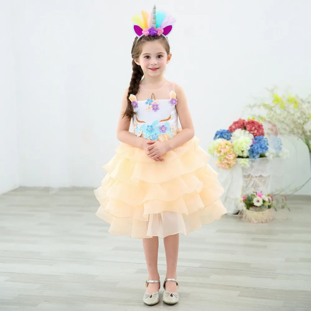 Kids unicorn dress for girls lyayered embroidery fancy ball