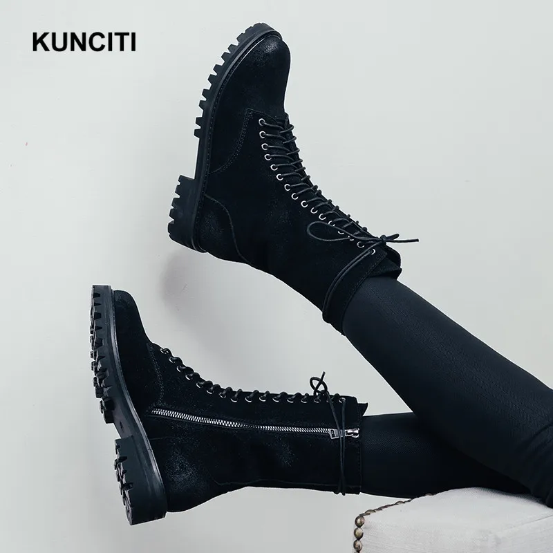 

2019 KUNCITI Women Black Boots Mid Calf Boots For Women Lace Up Ladies Combat Shoes Suede Leather Riding Shoes Newest D912