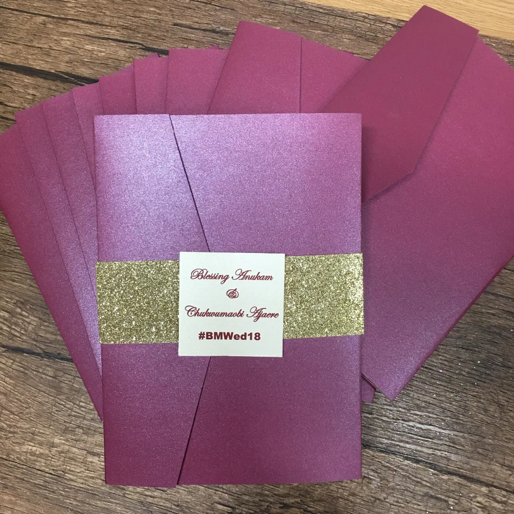 

Fancy wine red laser cutting wedding invitation card with glitter belly band customize small tag popular business cards