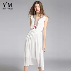 YuooMuoo Вышивка V шеи сплошной летнее платье Для женщин отпуск шифон платье миди 2018 уличная Повседневные платья Для женщин Vestidos