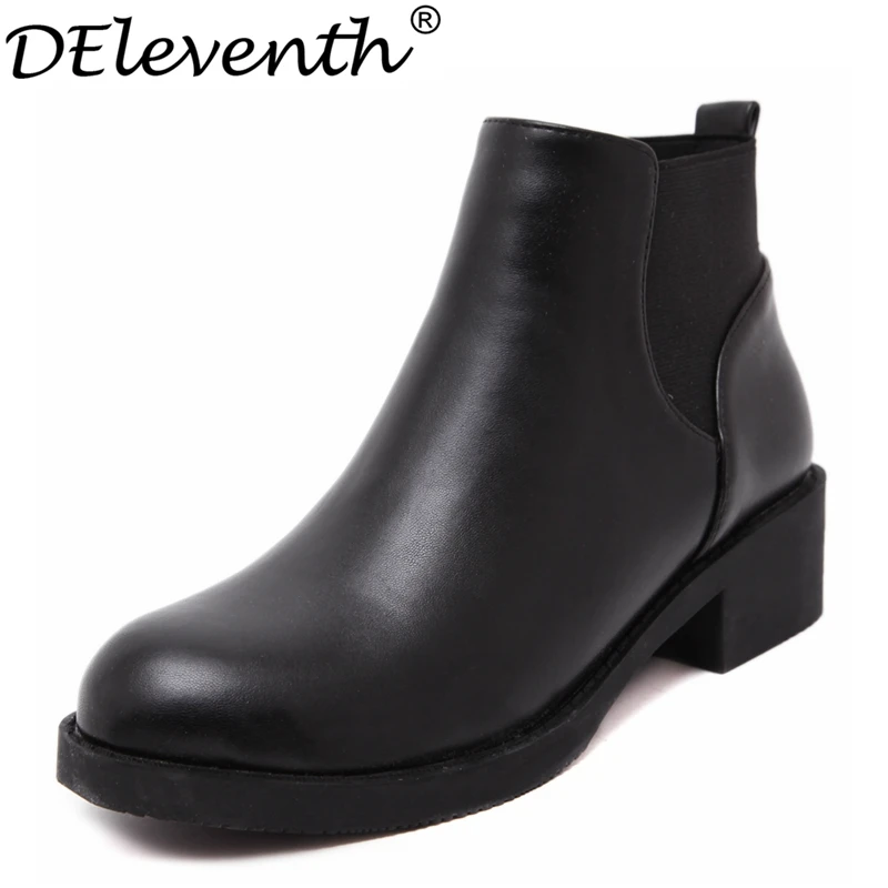 

2016 Elastic Band Concise Med Heels Soft Leather Round Toe Ankle Boots Square Heels Leisure All-match Shoes Women Black