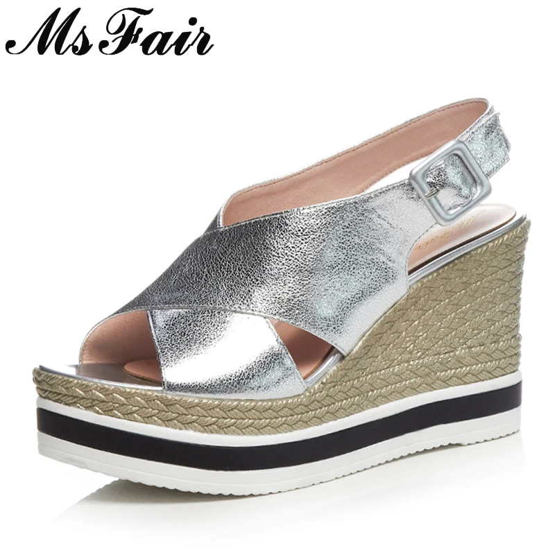 

MsFair Silver Wedges Women Sandals Summer Fashion Metal Buckle Woman Casual Sandals Open Toed Thick Bottom Flat Women Sandals