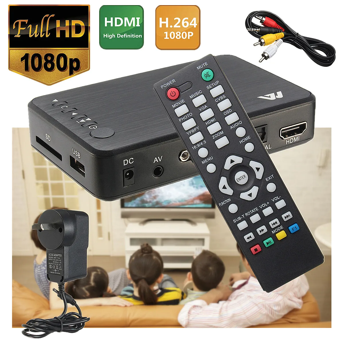 

Full 1080P HD Multi Media Player HDMI/VGA/AV w/ Remote Control TV BOX 3 FAT32 NTFS Output EU/UK/US/AU Portable Easy Installation