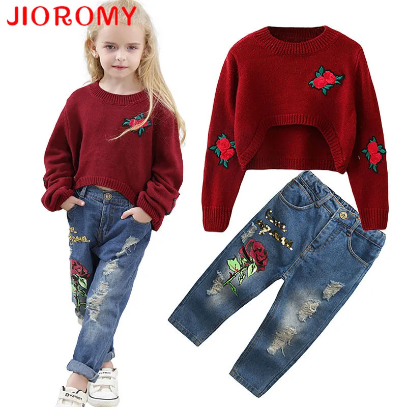 

JIOROMY 2017 New INS Girls Suit Rose Sweater + Jeans 2 Pcs/set Fashion Holes Sequin Flower Pants Long Sleeves Kids Clothes k1