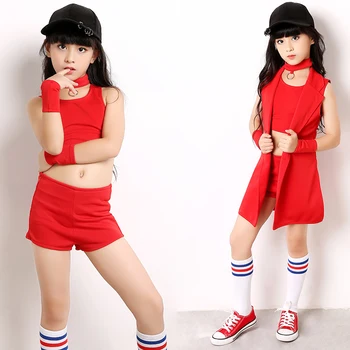 

SONGYUEXIA Kids Girl Jazz Modern Hip Pop Dance Costume Red Top+short+Coat+Wrist+Collar 4Pcs Stage Performance Jazz Dance Wear