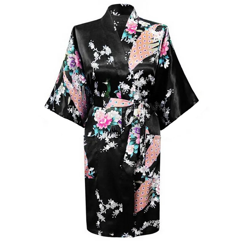 Черное модное женское кимоно Павлин банный халат ночная сорочка халат юката Пижама с поясом S M L XL XXL XXXL KQ-1