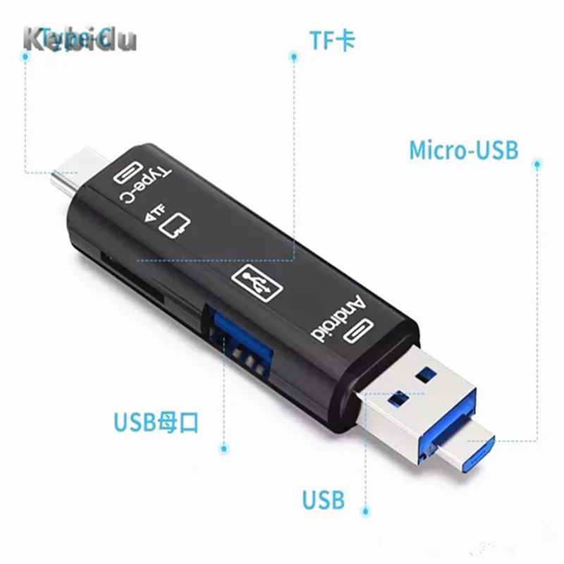 Kebidu Тип-C 5-в-1 OTG кард-ридер высокоскоростной USB 2,0 чтения TF слот для карт памяти для устройства чтения sd-карт флеш-накопитель USB с гнездовым интерфейс для ПК с системой андроида